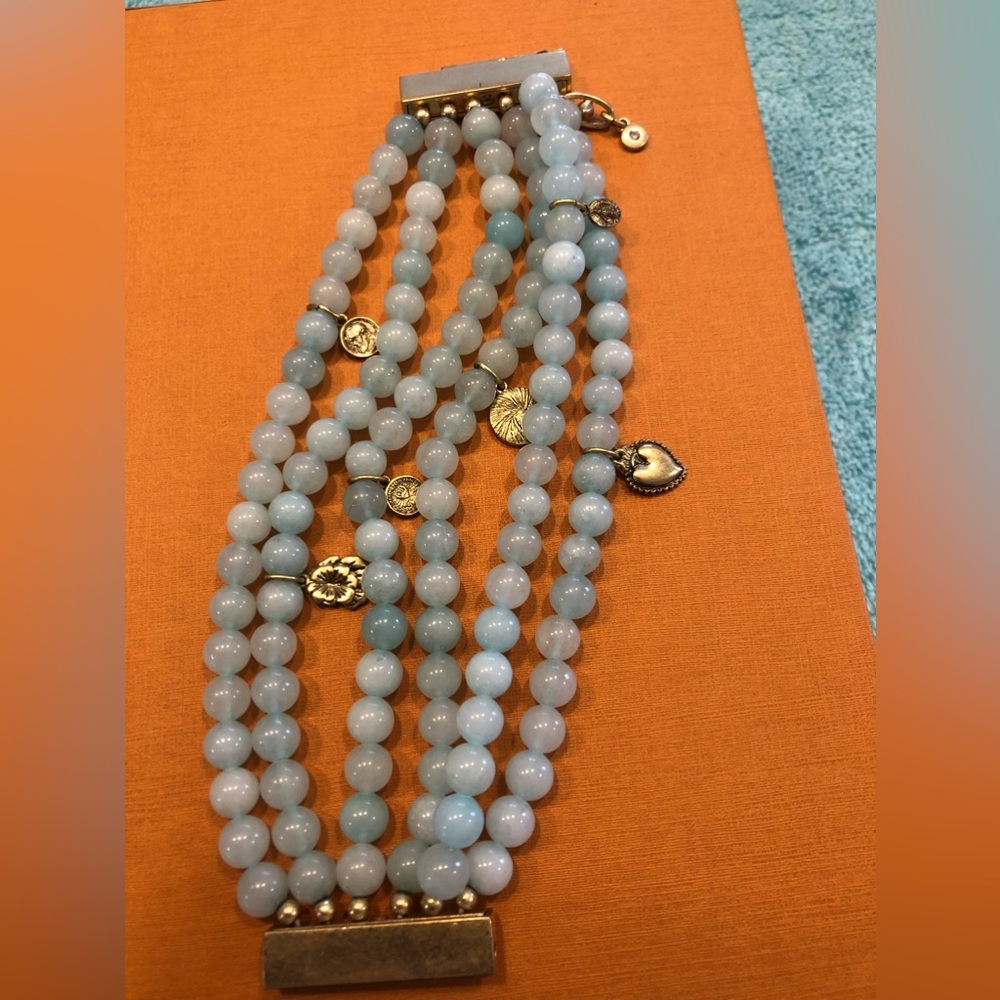 CAbi Pale Blue Beaded Multi-Strand Bracelet with Gold Charms
